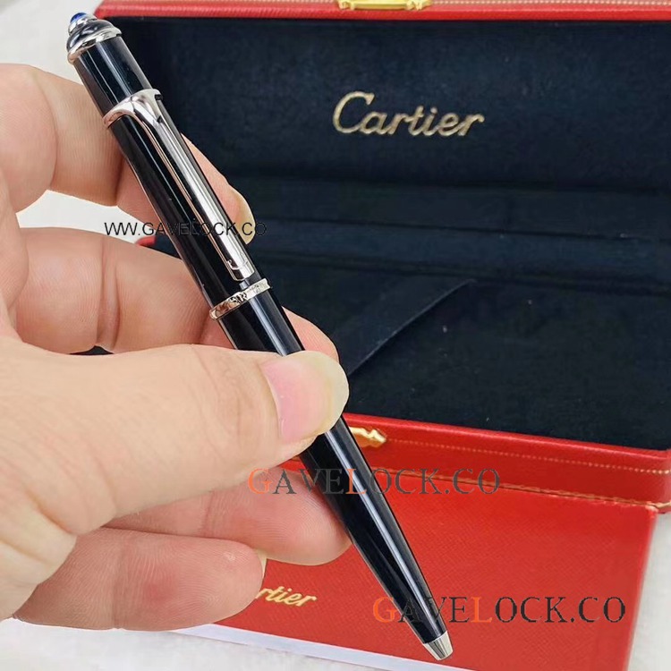 Fake Cartier Diabolo Ballpoint Pen Black Resin and Silver Trim